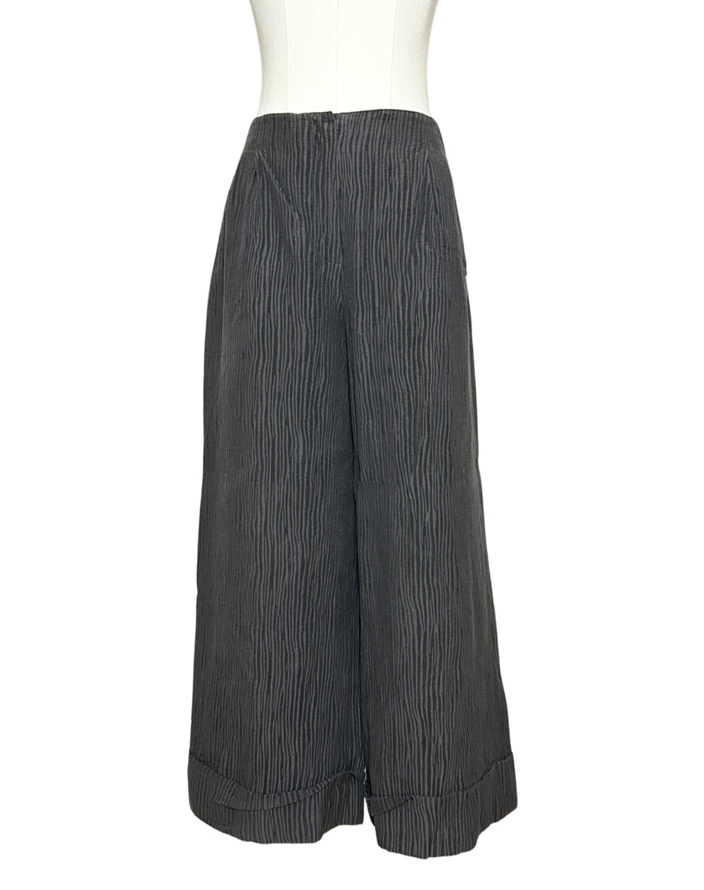 Silk Blend Wide Leg Striped Cuffed Cropped Pants Charcoal Gray Size 8